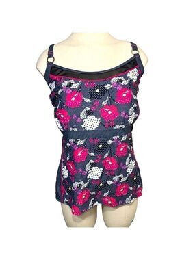 ILE Moorea Gray Floral Tankini Feminine Bathing Swim Top Built In Bra  Sz XL